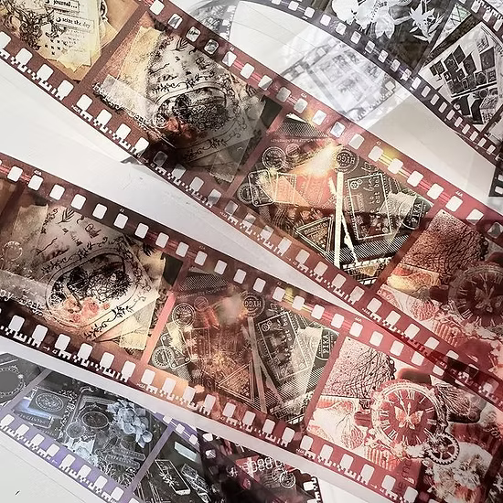Close-up of a film strip with vintage-style images and text.