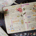 Planner with colorful stickers and text on a patterned surface