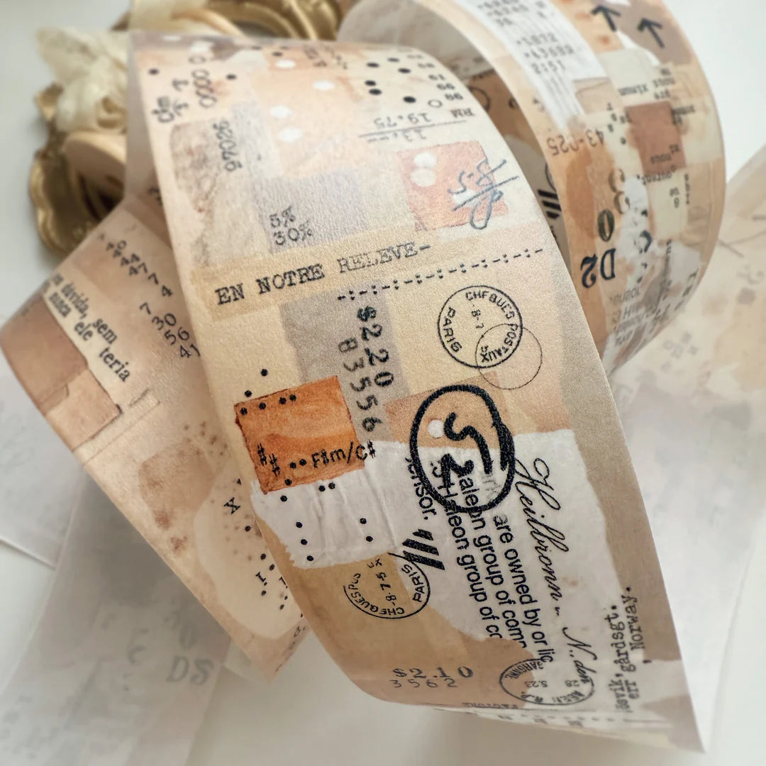 Roll of Remind Washi Tape with vintage collage designs and text on a light background