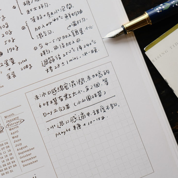 Research Notes Notebook page filled with handwritten notes beside a pen, close-up view