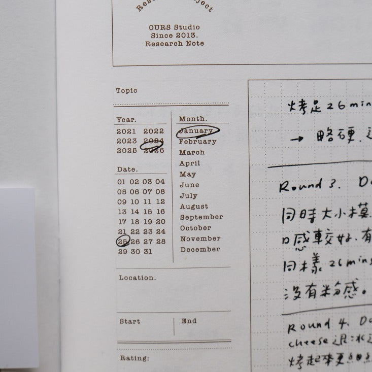 Research Notes Notebook page layout with handwritten notes and calendar section on white