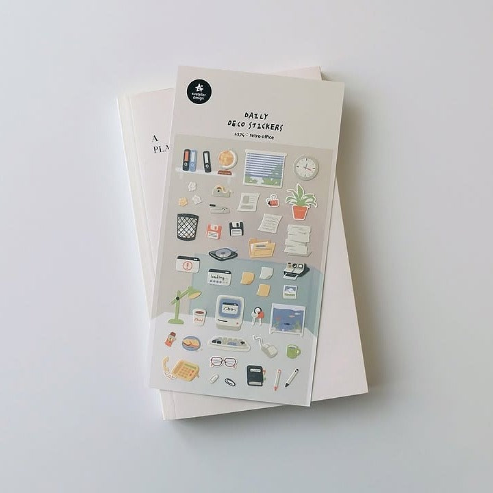 Retro Office Sticker Sheet by Suatelier, decorative icon stickers on a white background