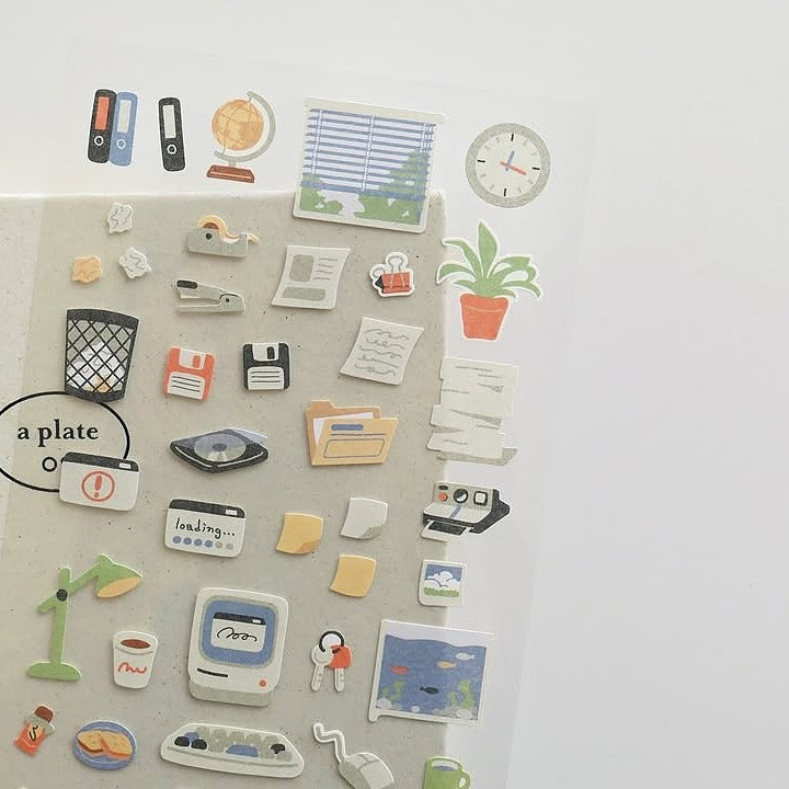 Collection of small office-themed stickers on a grey background, from the Retro Office Sticker Sheet