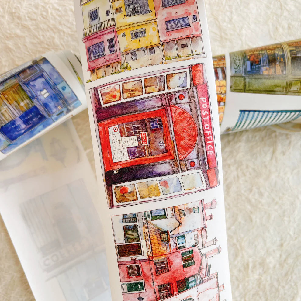 Retro Streetscape A49 PET Tape watercolor buildings and a post office on texture