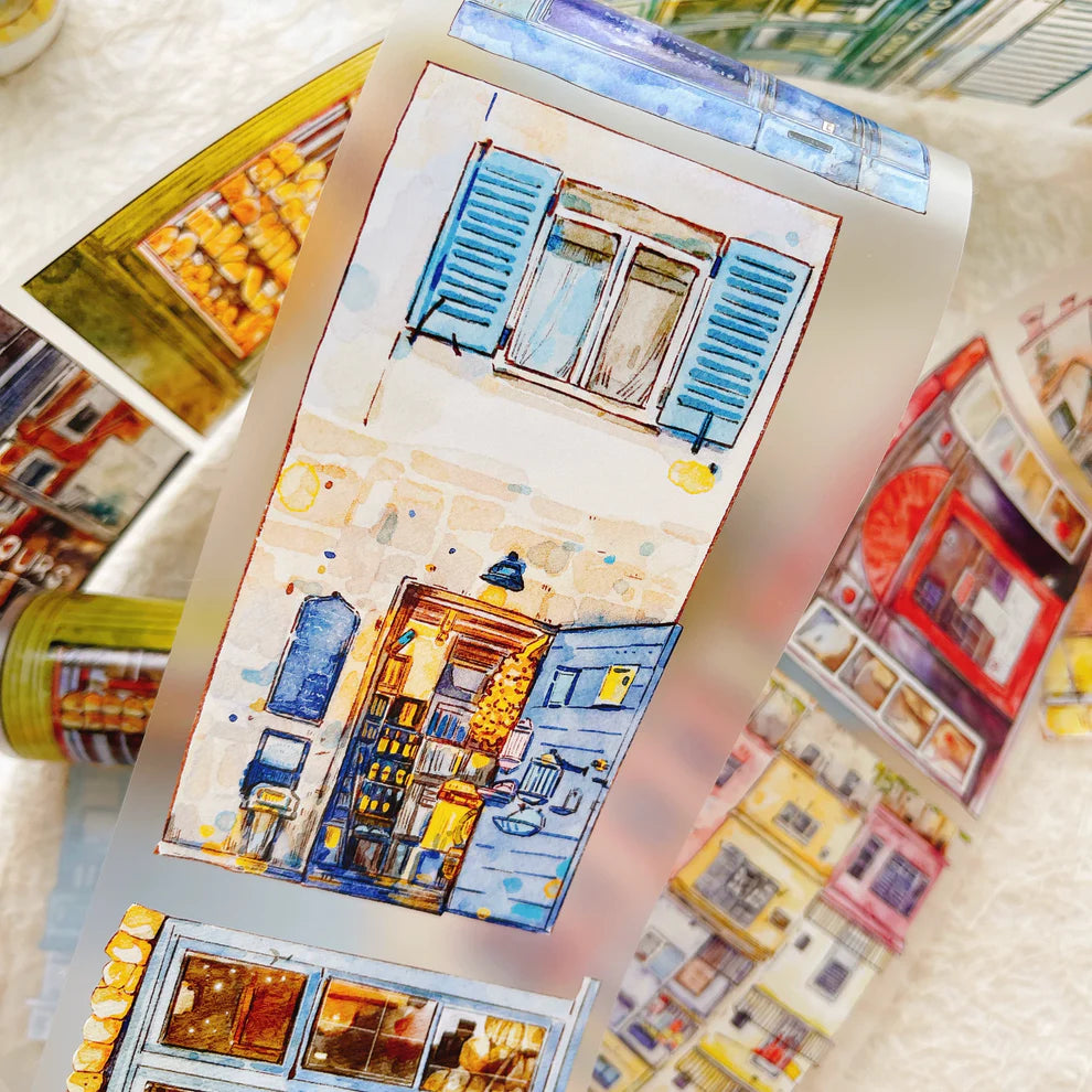Retro Streetscape Chronicles A49 PET Tape building illustrations styled on texture