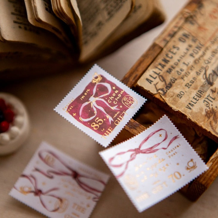 Ribbon Bow Stamp Sticker Sheet by OURS Studio — ribbon-design stamp stickers with books, for journaling