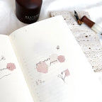 Notebook with floral designs and a bottle labeled 'RESTORE' on a textured surface.
