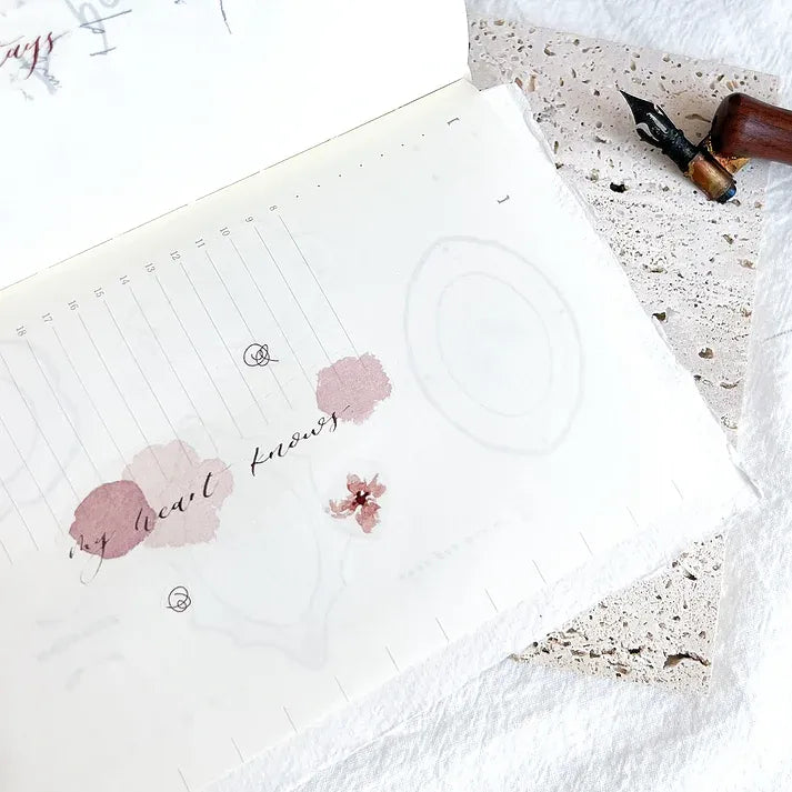 Planner decorated with Rose Calligraphy Spiritual Quote PET Tape florals and a fountain pen on top