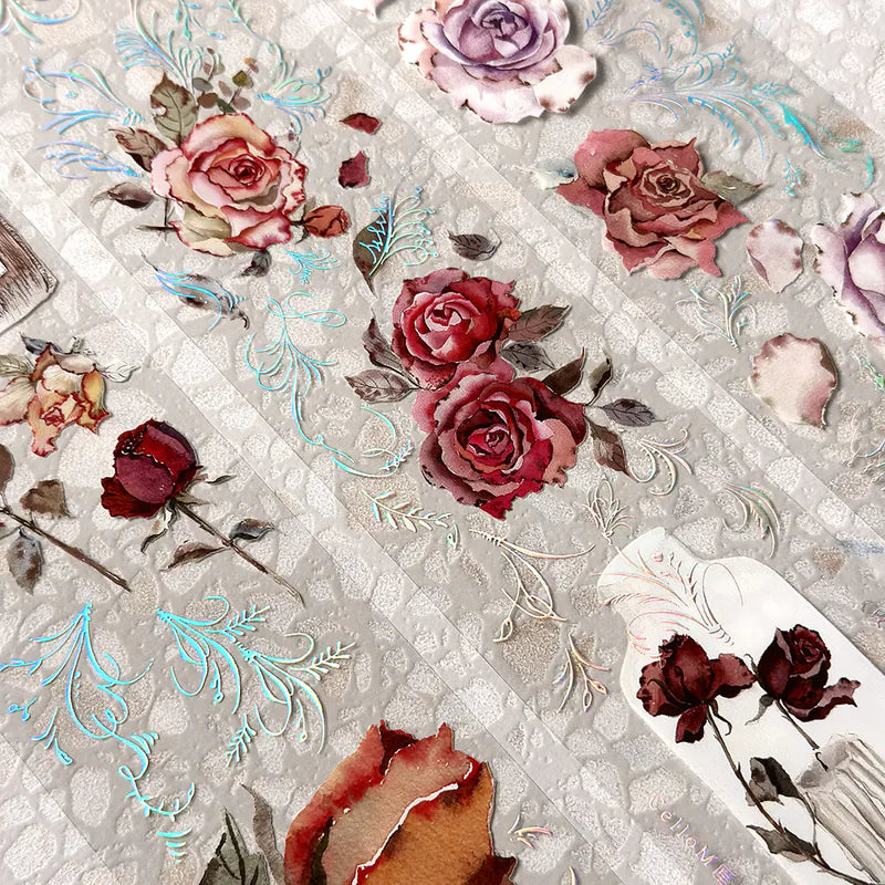 Rose Factory Japanese PET Tape floral designs displayed on a textured background