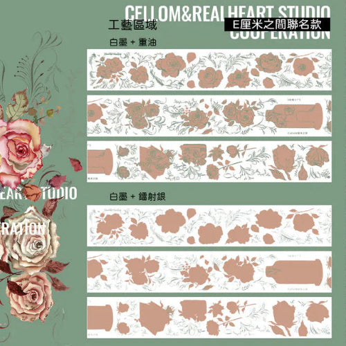 Rose Factory Japanese PET Tape roll with rose designs unrolled on a green background
