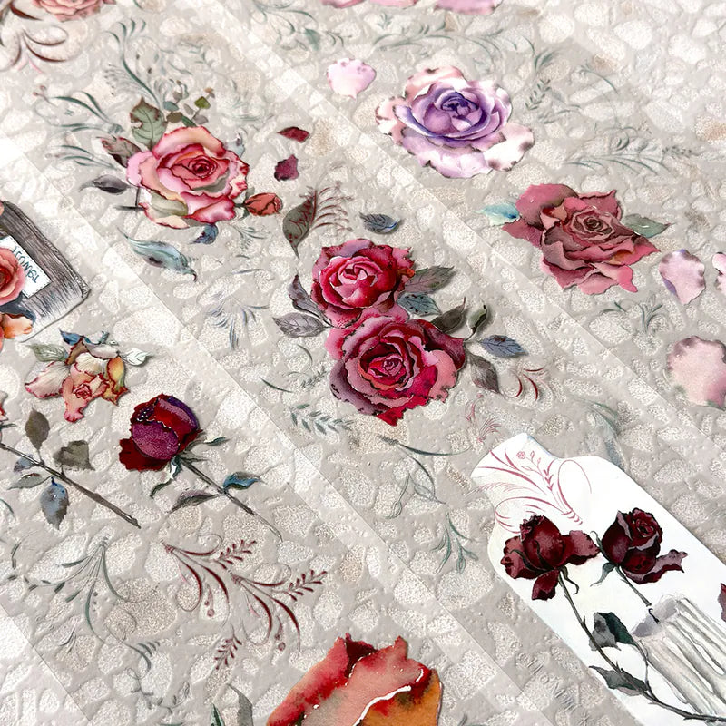 Rose Factory Japanese PET Tape full rose pattern shown across a textured background