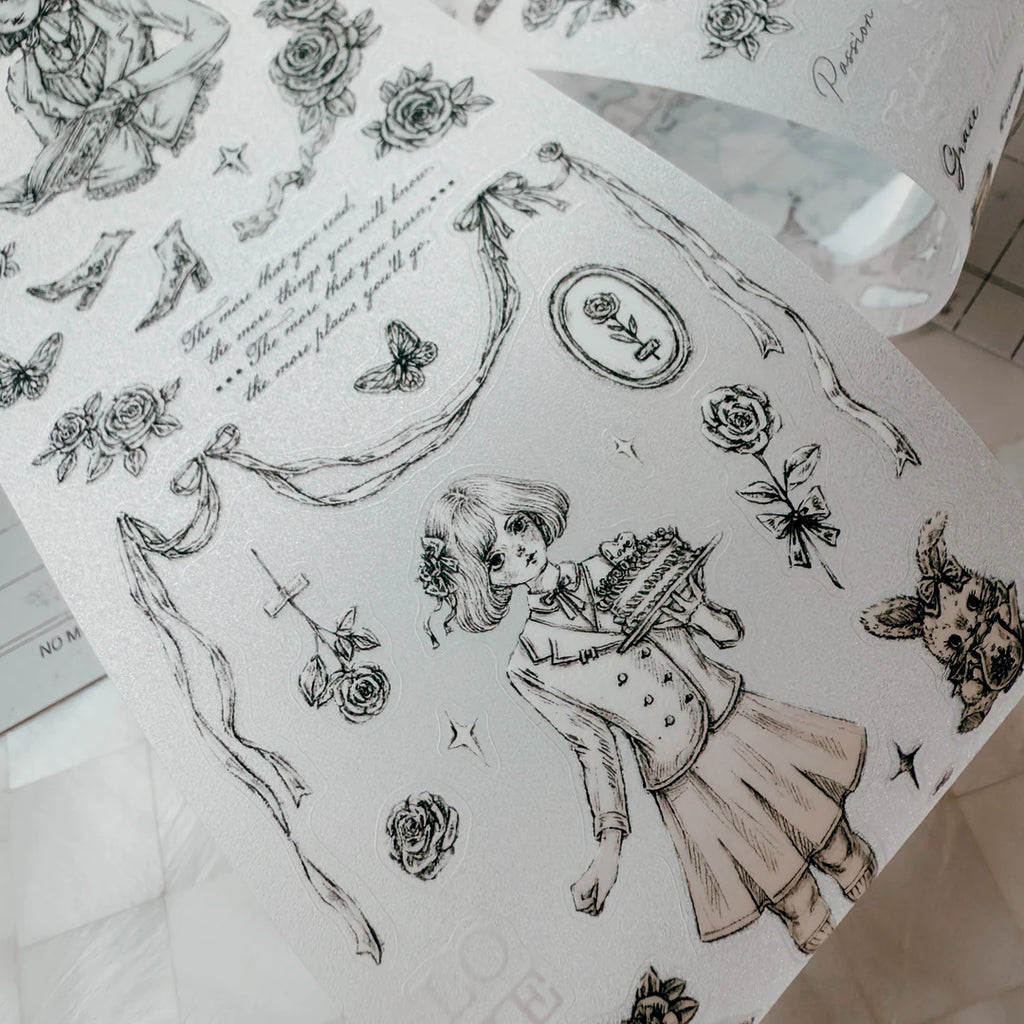Sheet of black and white illustrations featuring a girl, flowers, and text on transparent paper.