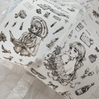 Sheet of temporary tattoos with illustrations of a girl and various items on a white background.