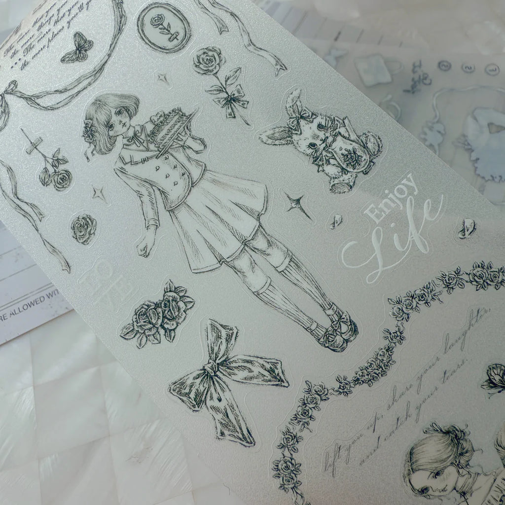 Decorative paper with illustrations of children and nature, featuring the text 'Enjoy Life'.