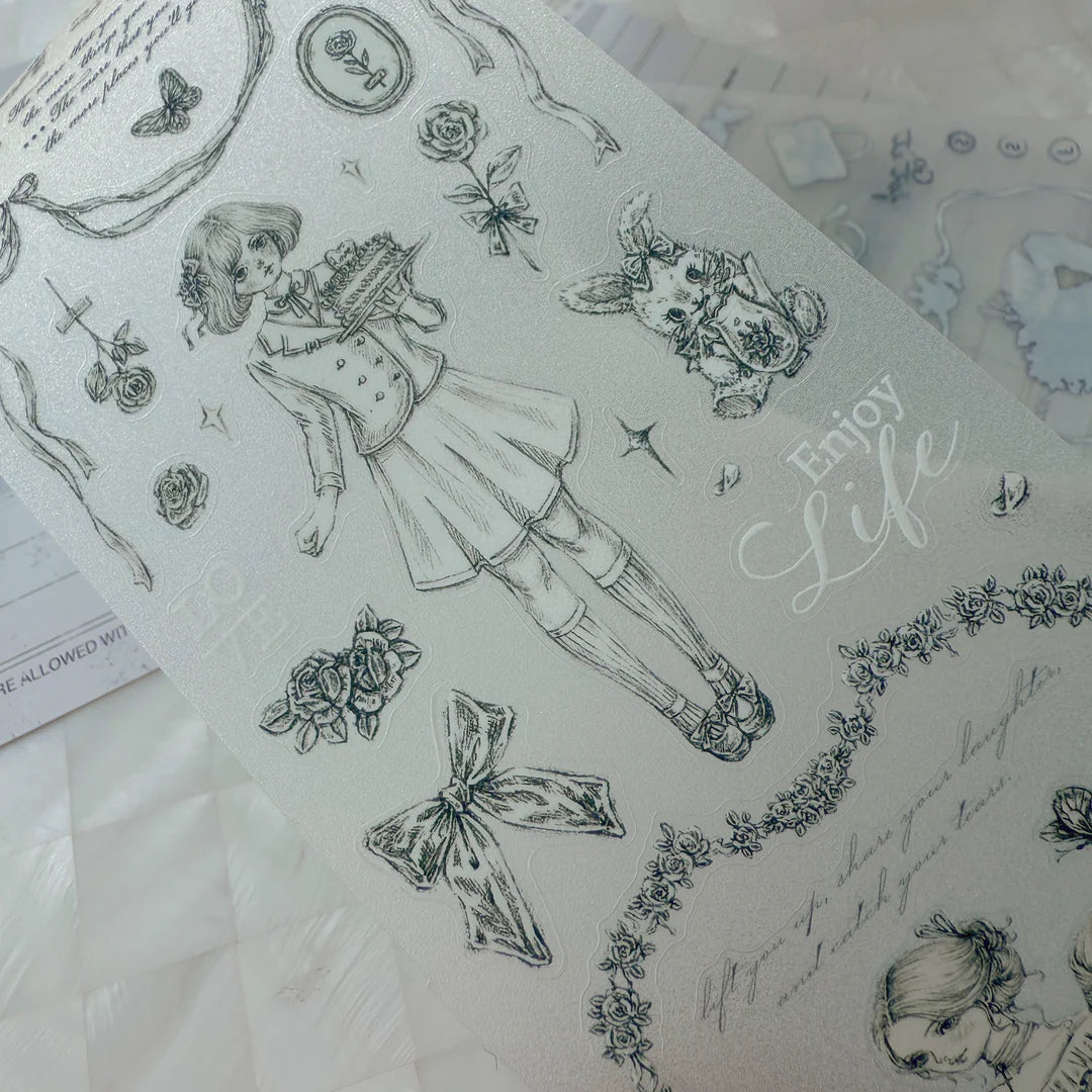 Decorative paper with illustrations of children and nature, featuring the text 'Enjoy Life'.