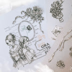 Decorative stamp set with illustrations of two women, flowers, and text on a white background.