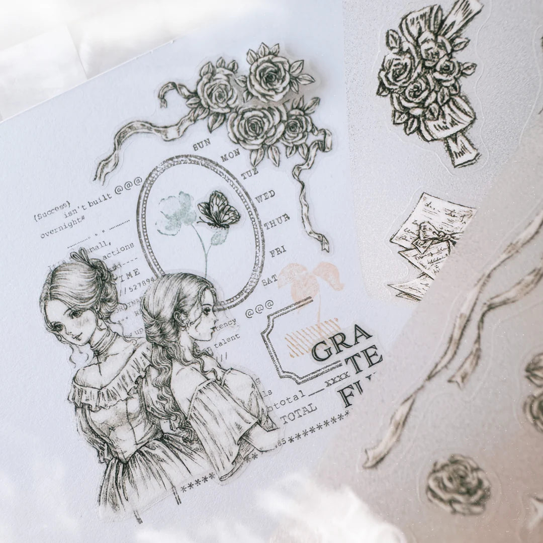Decorative stamp set with illustrations of two women, flowers, and text on a white background.