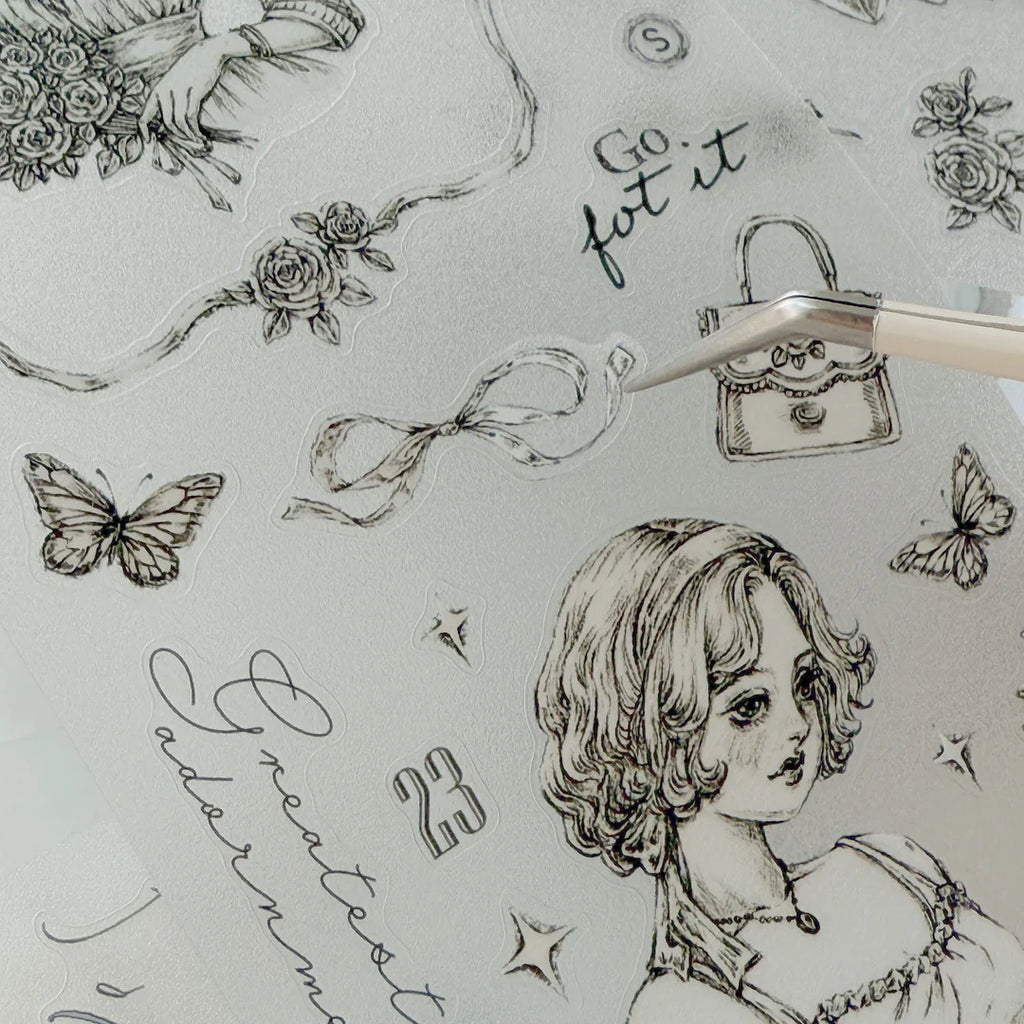 Illustrations of a girl, butterflies, flowers, and text on a light gray background