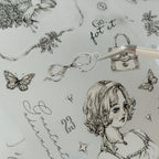 Illustrations of a girl, butterflies, flowers, and text on a light gray background