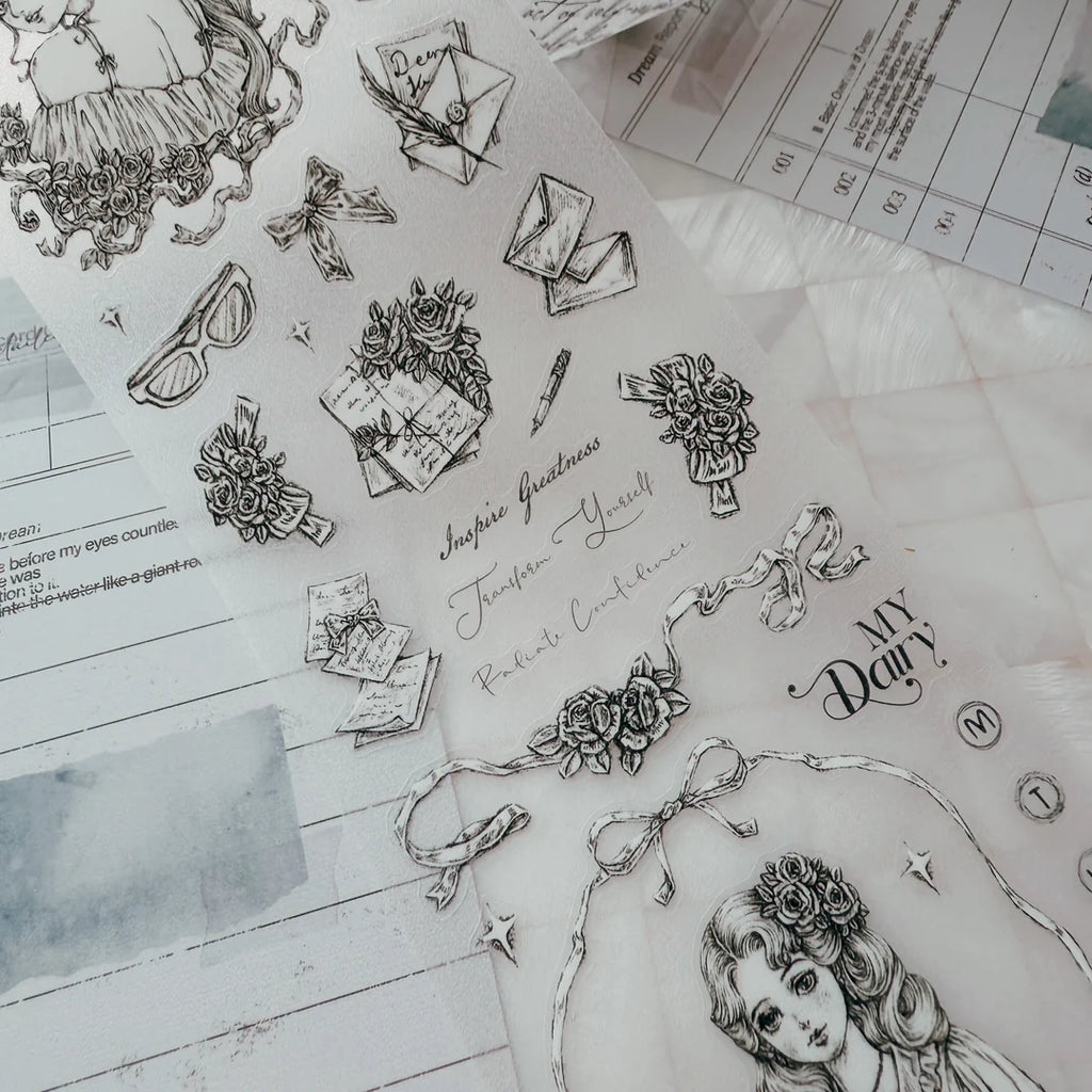 Collection of black and white illustrations and text on a textured surface