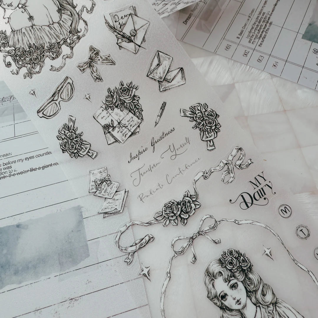 Collection of black and white illustrations and text on a textured surface