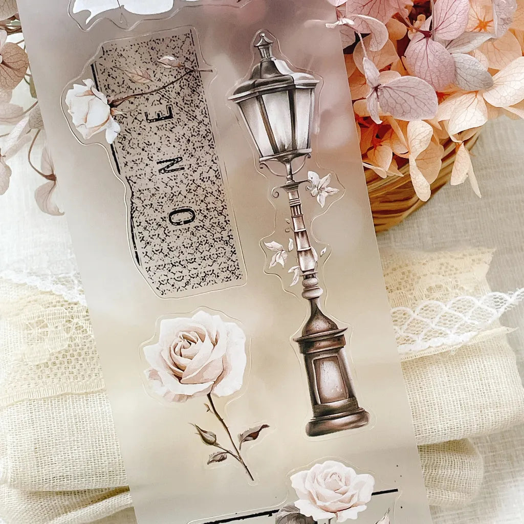 Rose Post PET Tape card with a vintage street lamp, roses and lace on a soft background