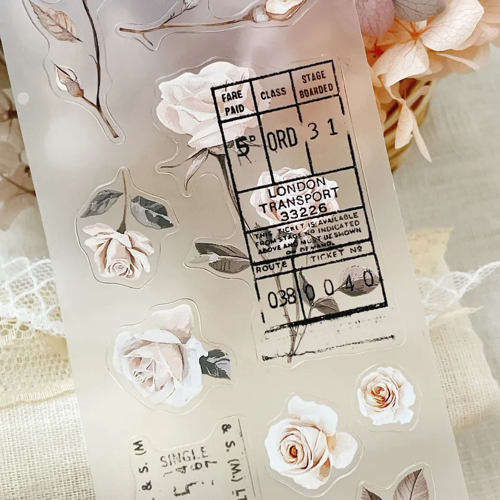 Rose Post PET Tape vintage travel ticket design with florals on a soft beige background