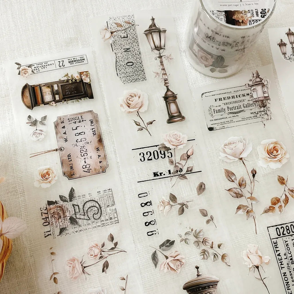 Rose Post PET Tape collection of vintage floral stickers with text on a textured surface