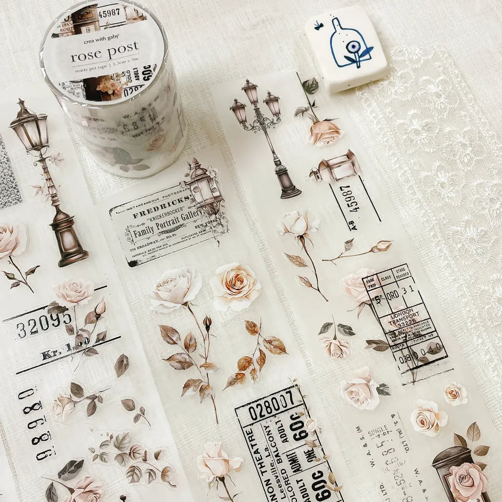 Second collection view of Rose Post PET Tape floral vintage stickers on a textured surface