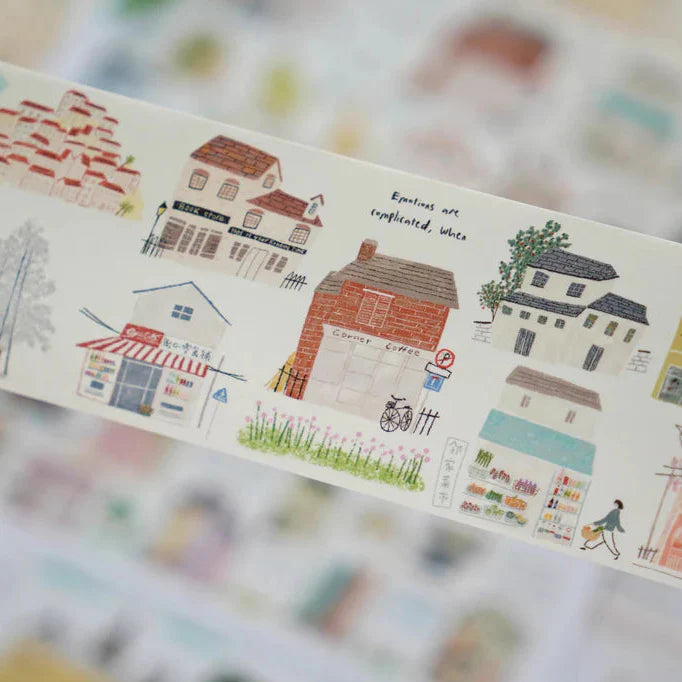 Strip of Row of Houses Washi Tape house illustrations with a softly blurred backdrop