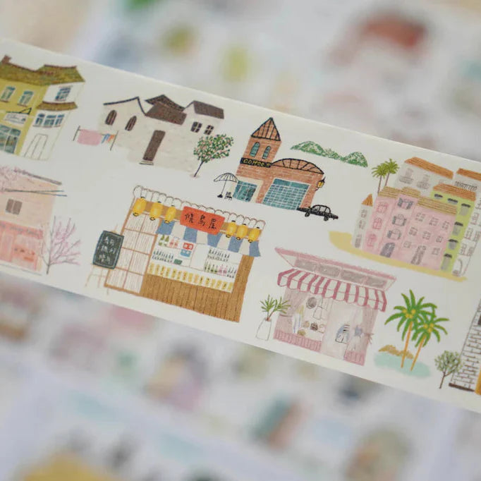 Row of Houses Washi Tape illustrated street scene design against a blurred background