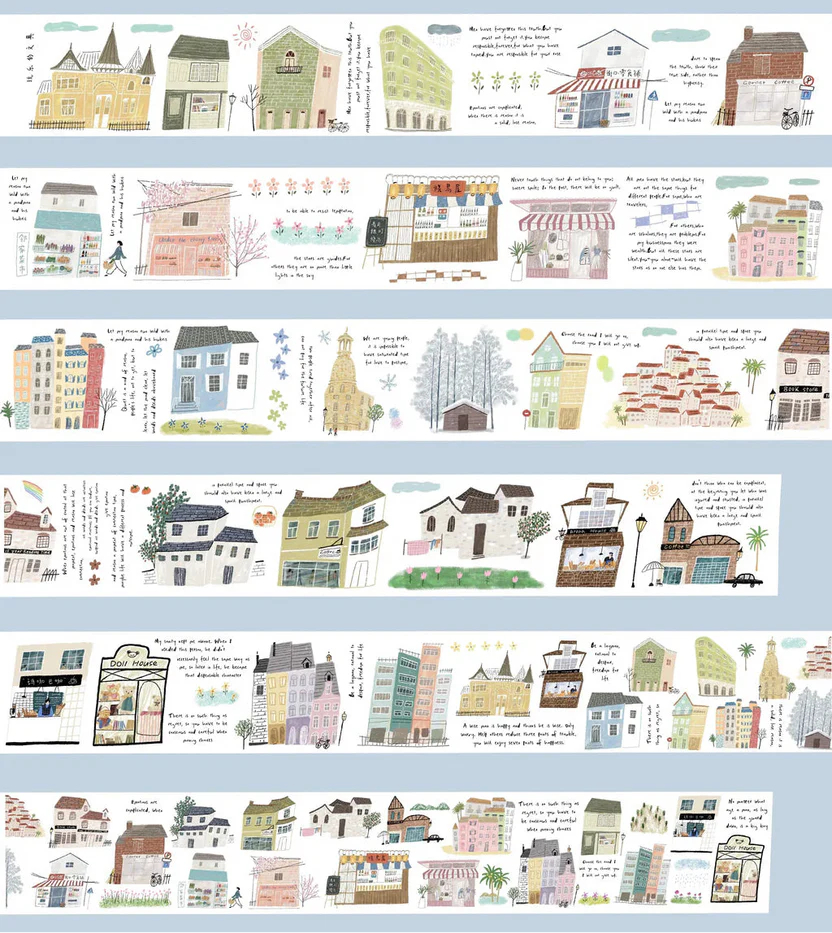 Row of Houses Washi Tape cityscape border strips displayed together on a blue background