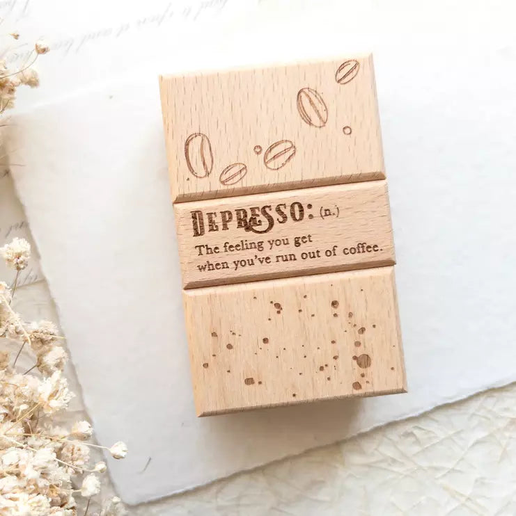 Rustic Roast Rubber Stamp Set wooden box with Depresso definition and coffee bean design