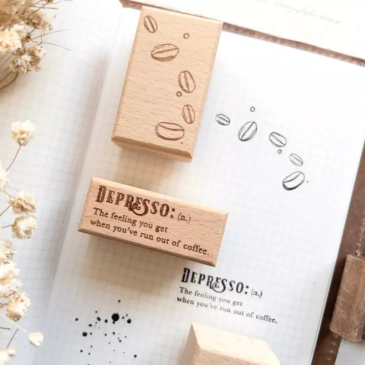 Rustic Roast Rubber Stamp Set with Depresso print and coffee bean illustrations on white