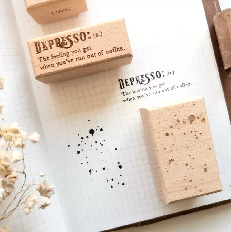 Rustic Roast wooden stamps with the Depresso definition print styled with flowers on white