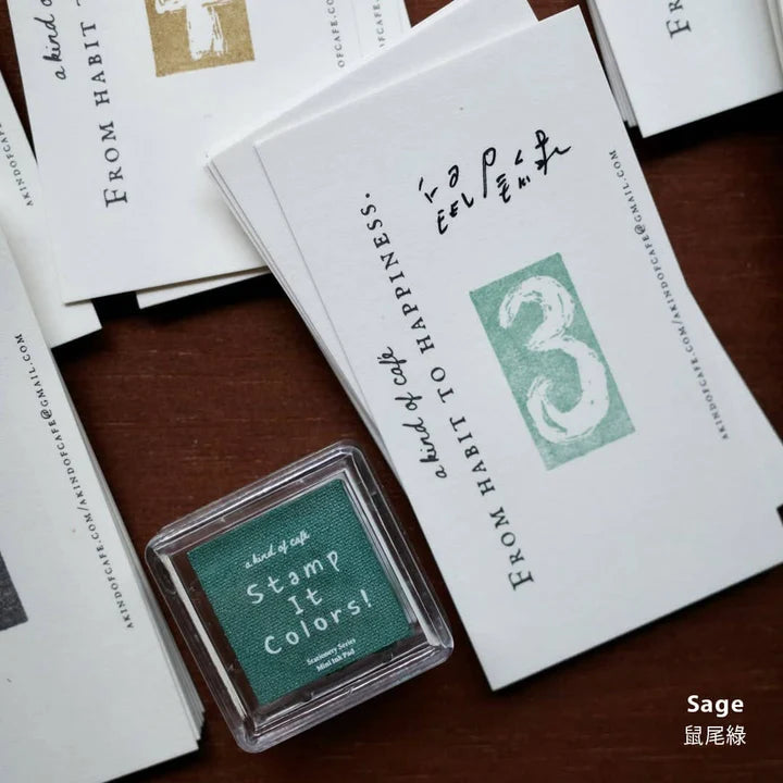 Sage Stamp Ink Pad by a kind of café — sage-green pigment ink pad with matching printed cards, for journaling