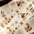Set of decorative stickers with illustrations of a girl and various items on a beige background.