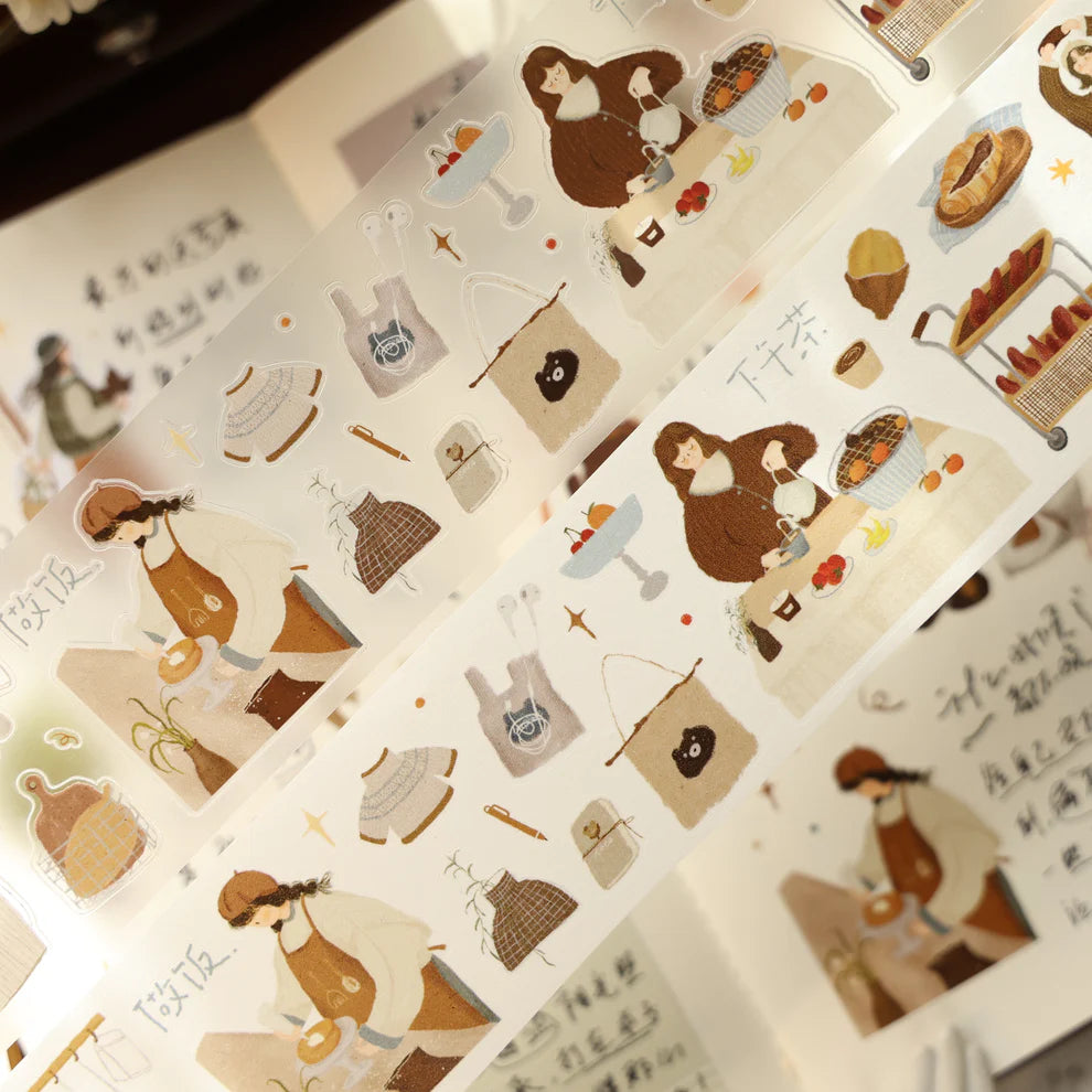 Salty Lifestyle PET Tape by Yier quirky girl and object stickers on a beige background