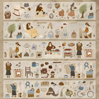 Illustrated scene with people and objects on a beige background
