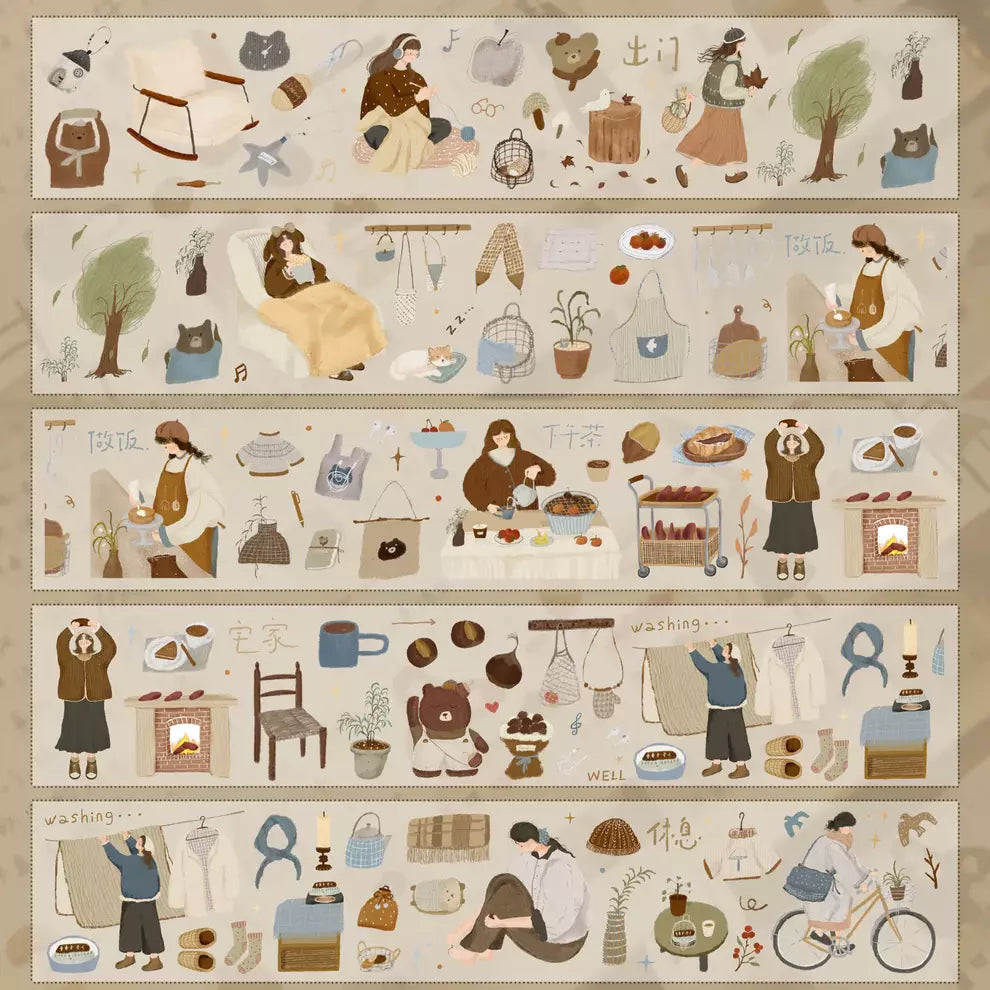 Salty Lifestyle PET Tape illustrated scene of people and objects on a beige background