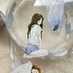 Illustration of a girl sitting inside a glass jar with an angel figure above her.