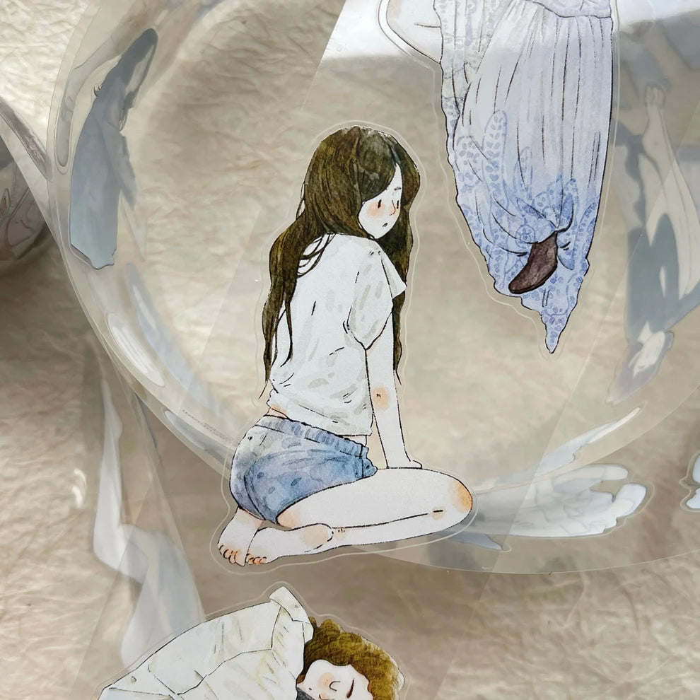 Scatter 40 PET Tape girl in a glass jar with an angel figure above, artistic detail