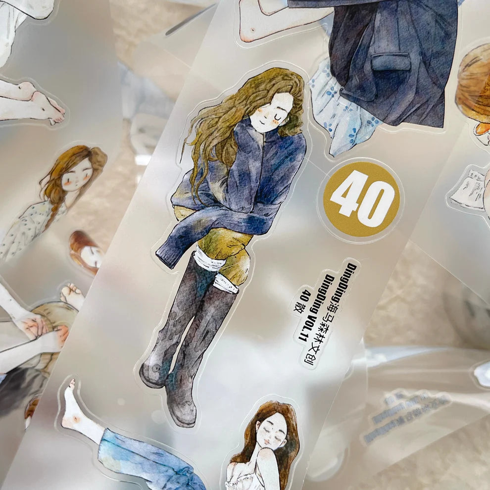 Scatter 40 PET Tape seated woman with long hair and blue jacket, transparent design