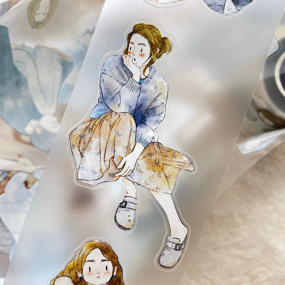 Scatter 40 PET Tape girl illustration styled on a phone case, softly blurred backdrop