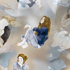 Illustration of a woman sitting on a cloud with a soft, pastel color palette.