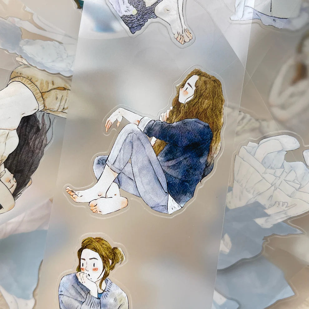 Scatter 40 PET Tape woman seated on a cloud in a soft pastel palette, detail view