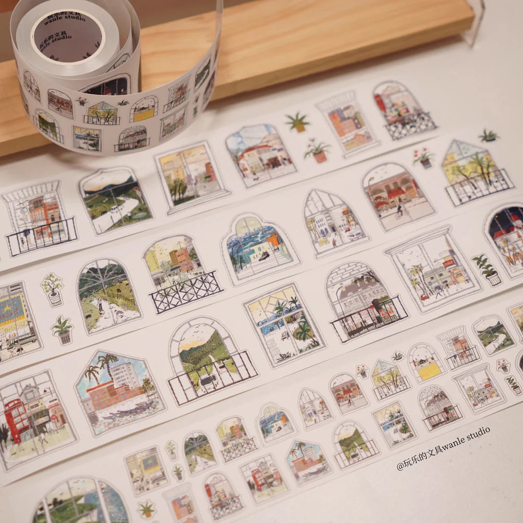 Scenery Outside The Window Sticker Tape window illustrations laid on a white surface