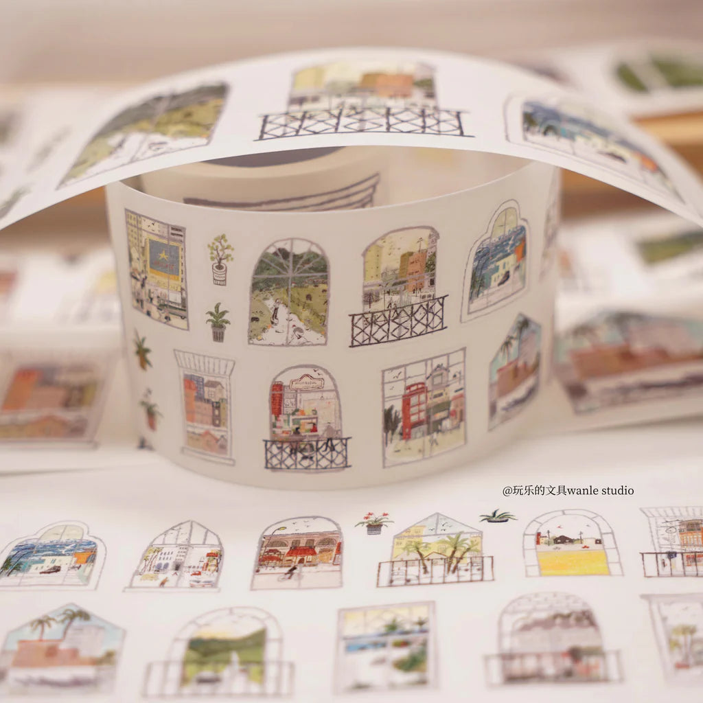 Roll of Scenery Outside The Window Sticker Tape illustrated designs on a white surface