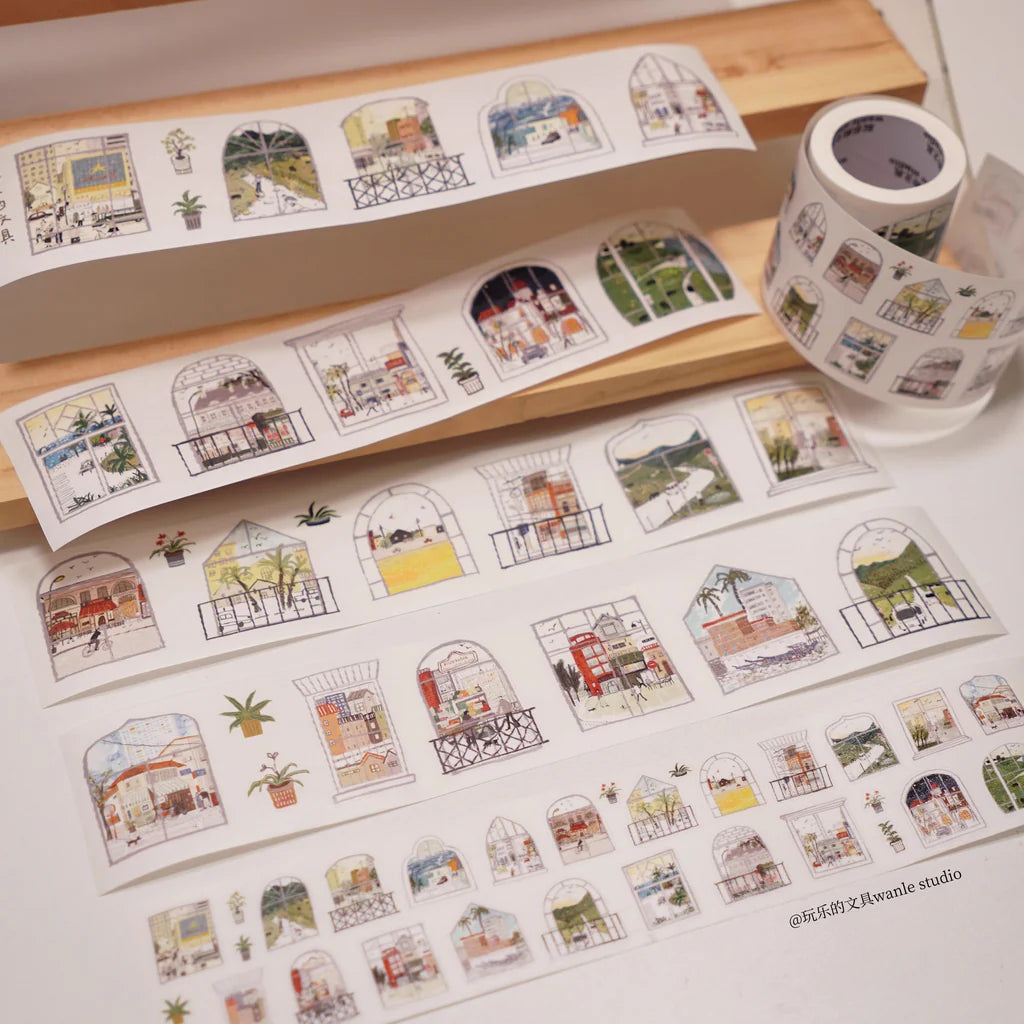 Scenery Outside The Window Sticker Tape illustrated scene sheets on a wooden surface