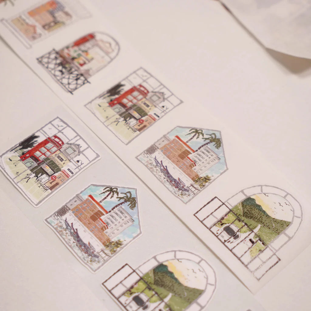 Scenery Outside The Window Sticker Tape colorful house illustrations on a white backdrop